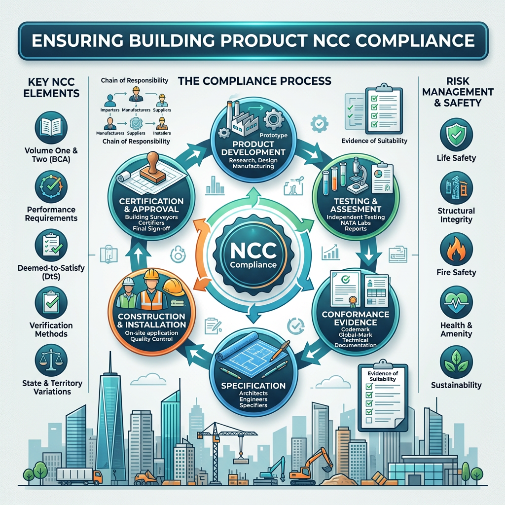 Diagram showing NCC compliance process with product development, testing, conformance, specification, construction, and certification stages